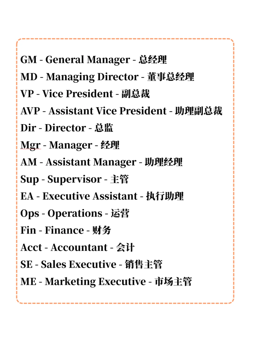公司岗位名称，“中英文” 对照