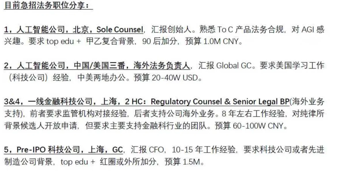 再转发几个法务负责人、高级法务招聘