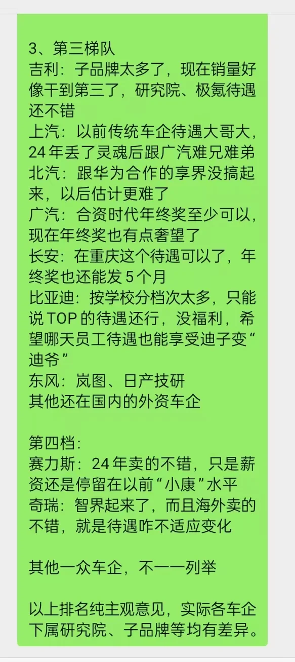 网友整理的车企就业梯队排名，你觉得如何？