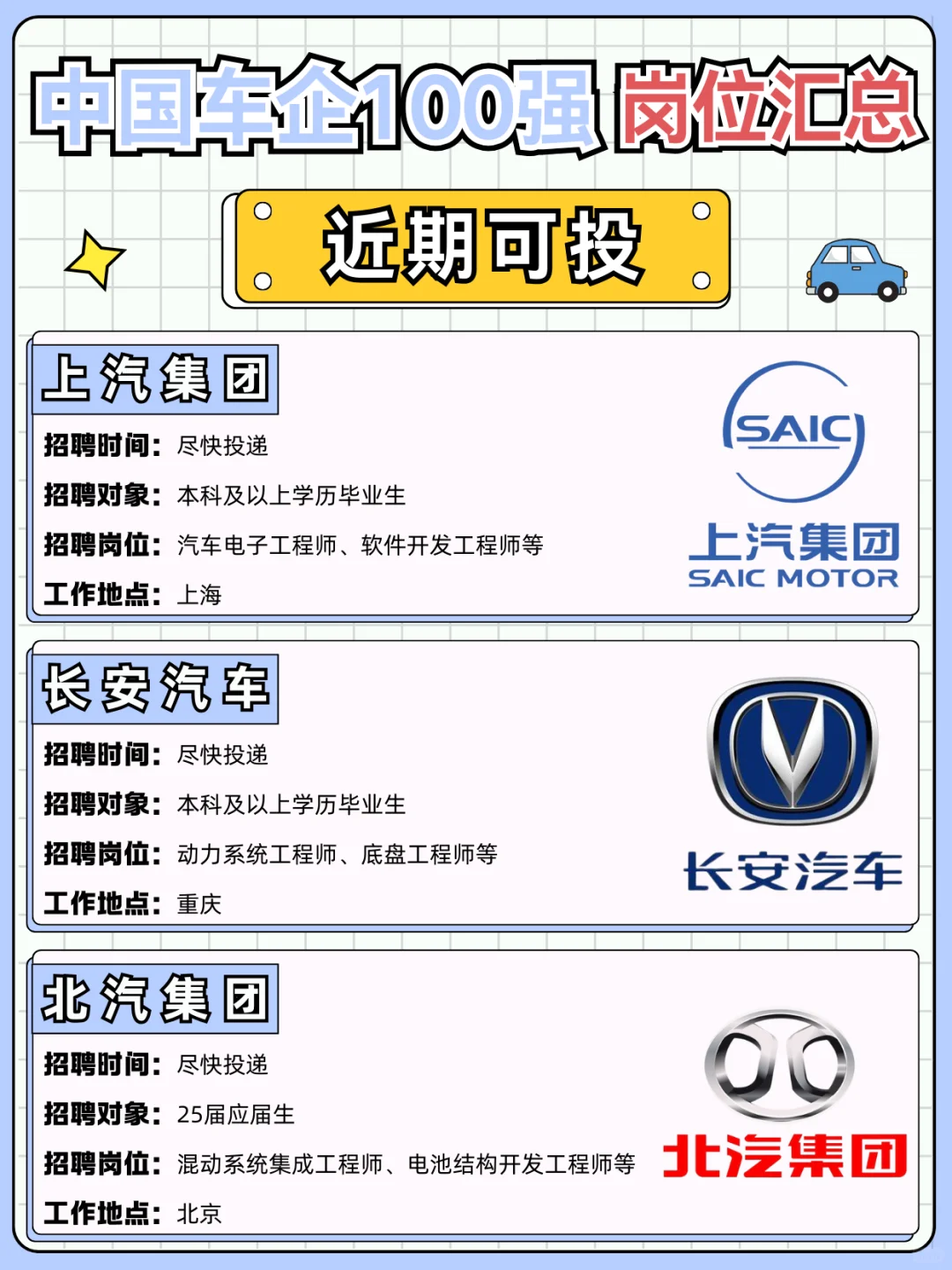 中国车企100强岗位汇总 | 尽快投递?！