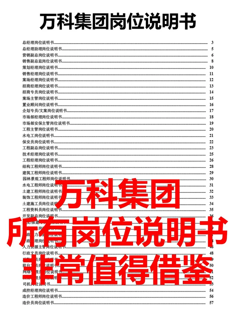 万科集团所有岗位说明书【非常值得借鉴】