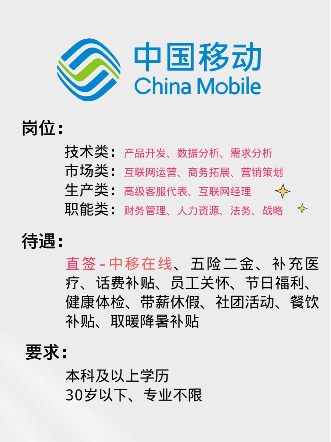 中国移动招聘正式员工！还没工作的来！尽快