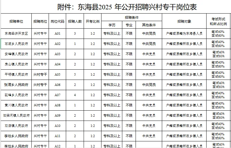 东海县25年公开招聘兴村专干公告