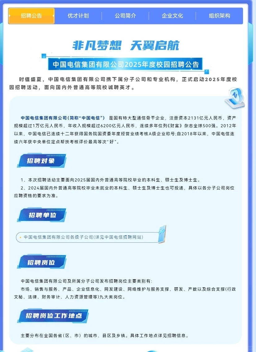 电信部分地区开始招人