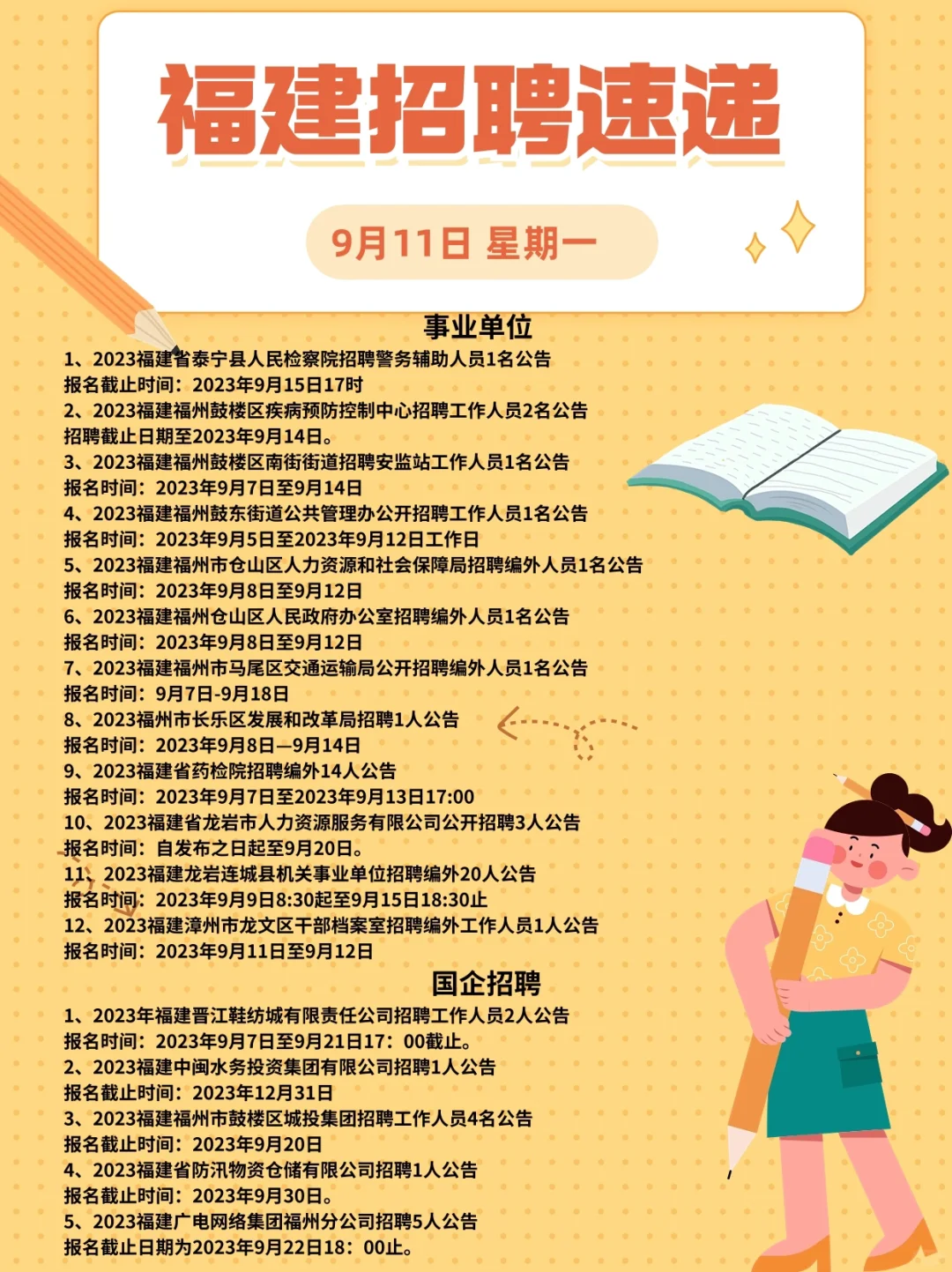 9月11日福建各地招考速递?