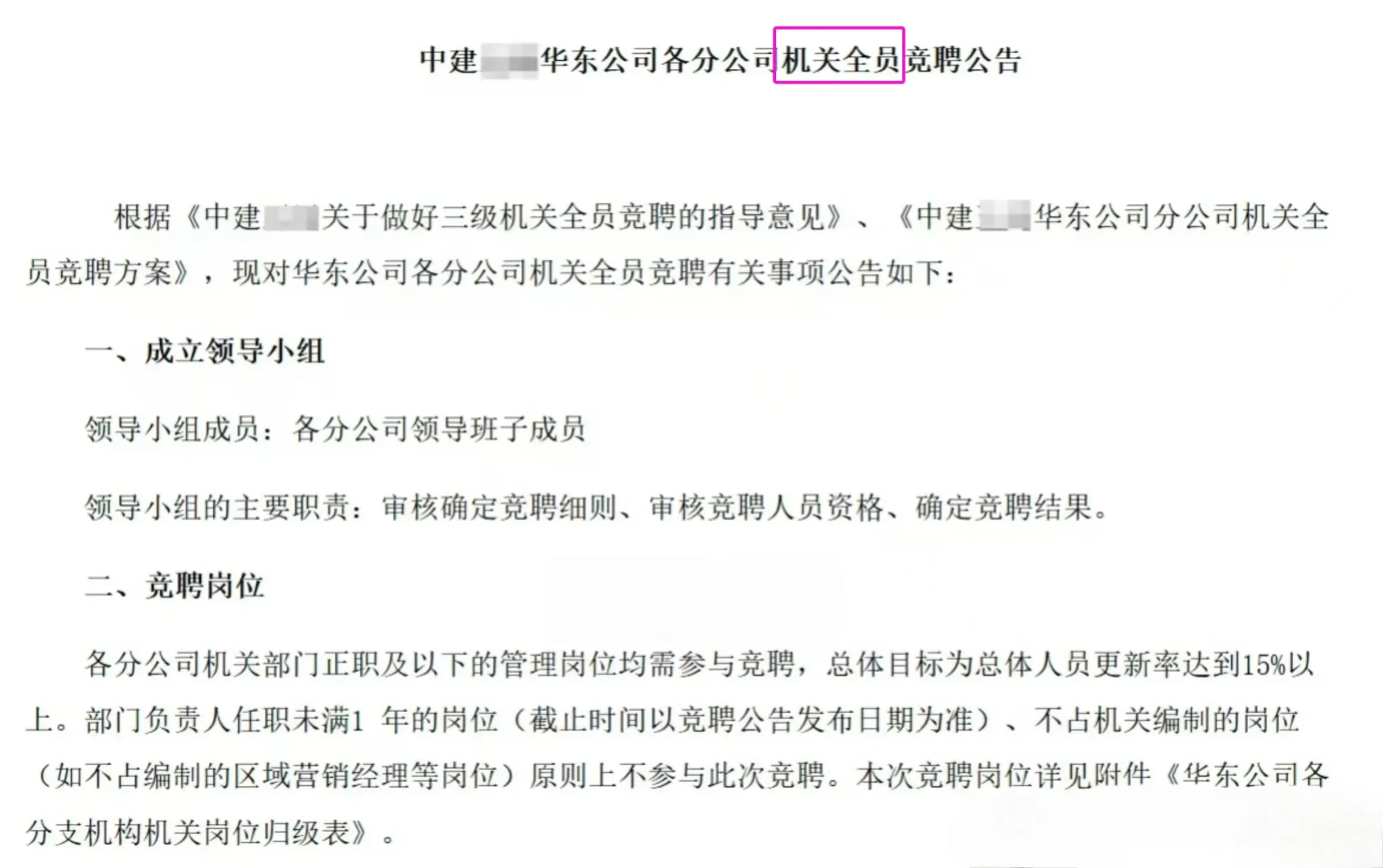 中建某局华东公司机关全员竞聘！