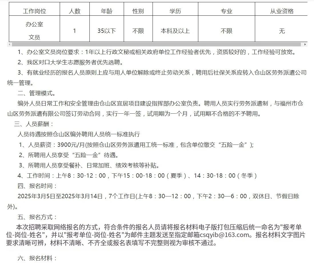 福州仓山，办公室文员，月薪3900