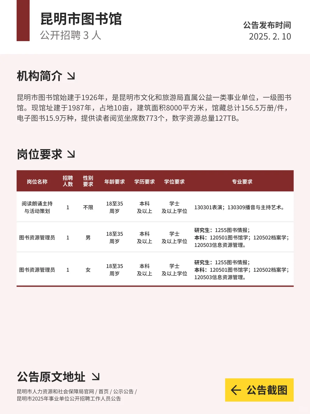 昆明市图书馆公开招聘3人