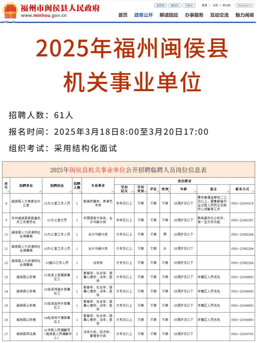 福州闽侯县机关事业单位招61人！仅面试！