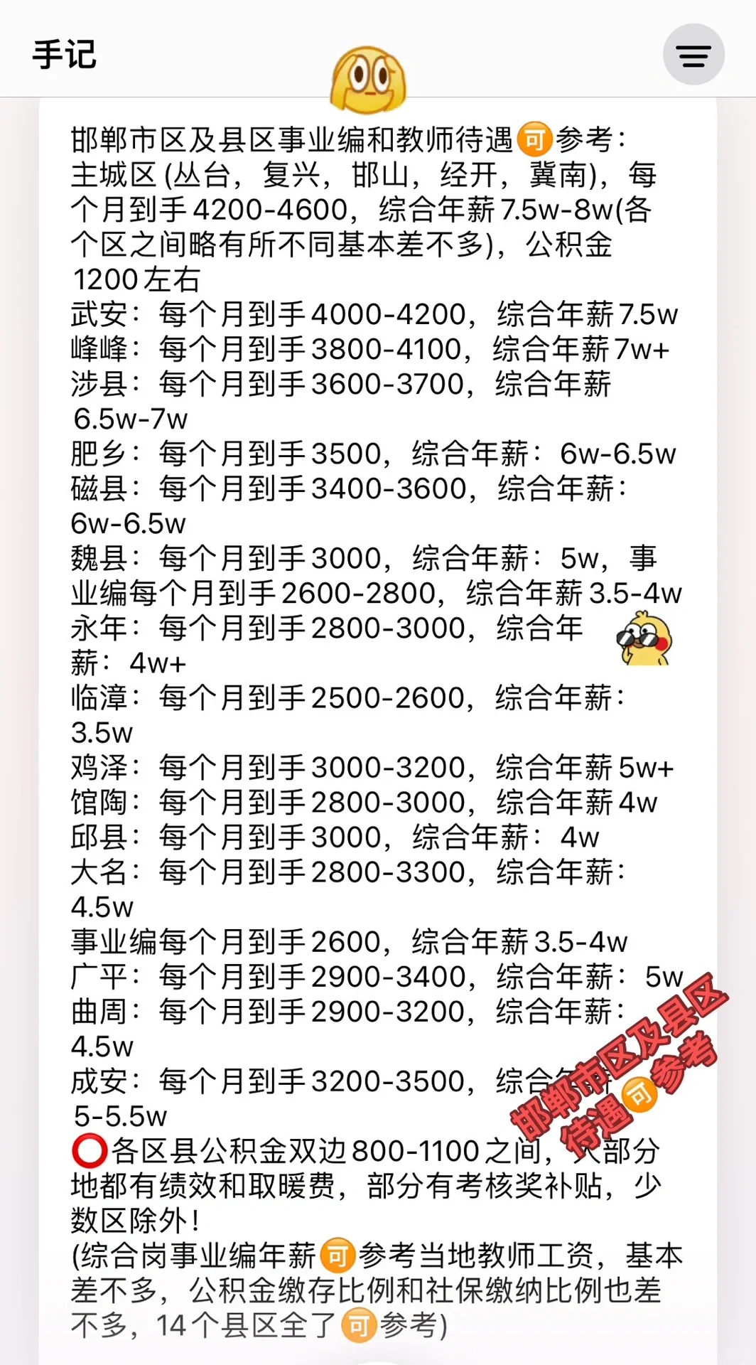 邯郸各市区县事业单位(教师)待遇汇总⭕参考～