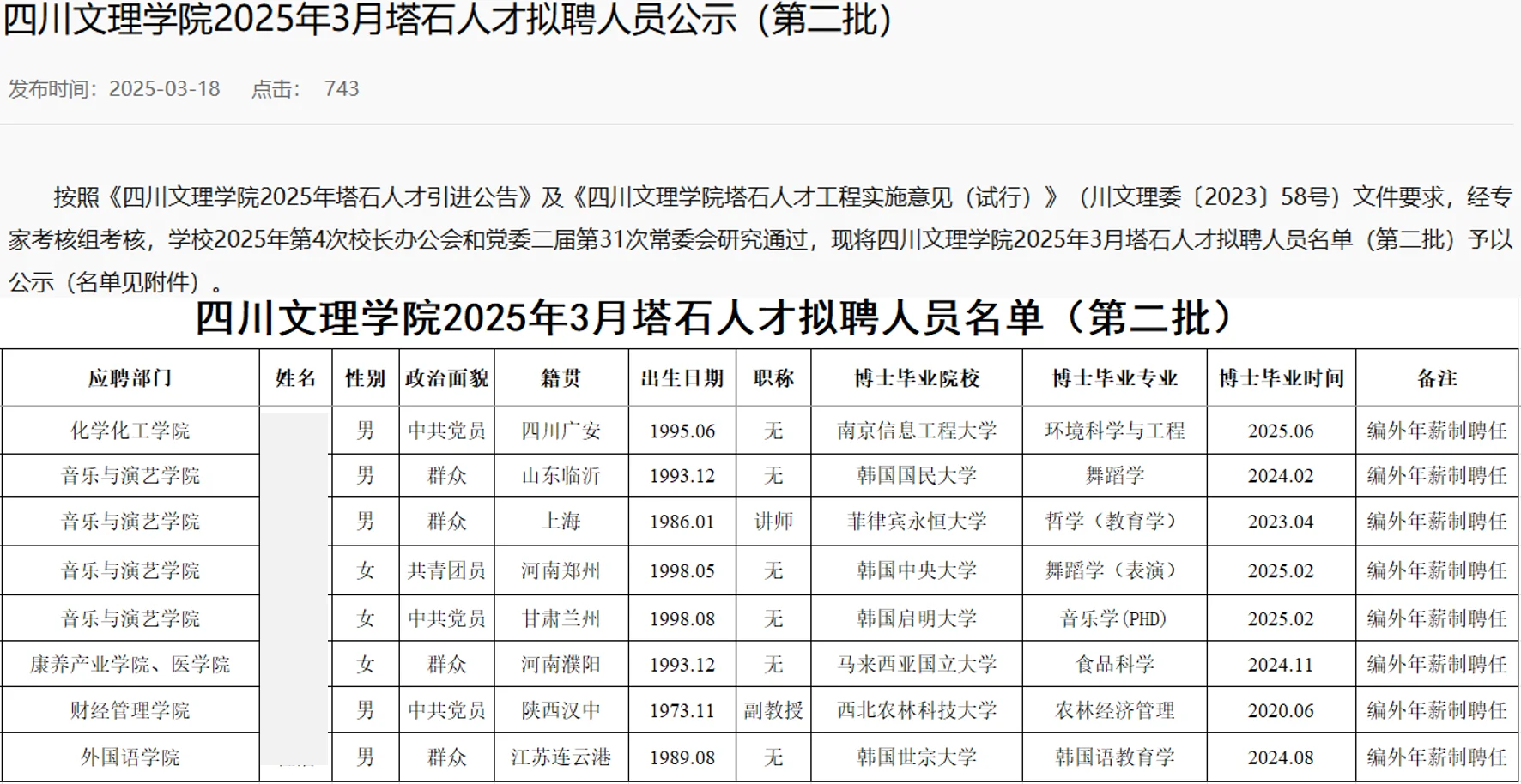 四川文理学院2025年博士人才拟聘公示第三批