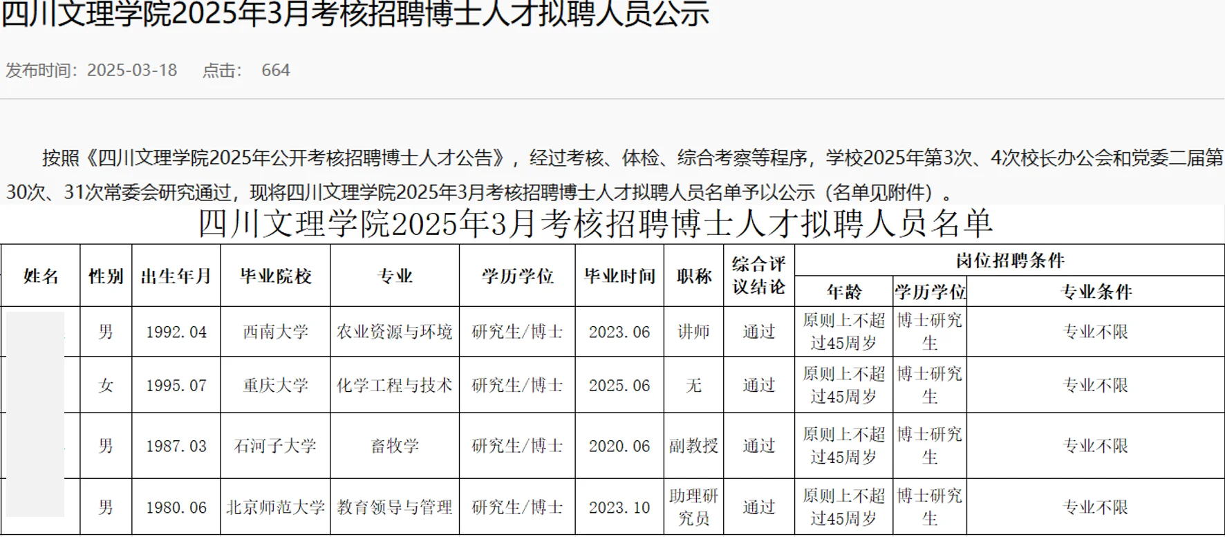 四川文理学院2025年博士人才拟聘公示第三批