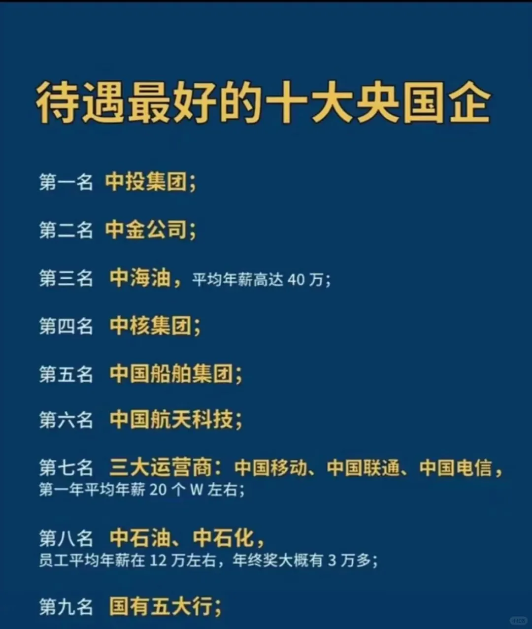 待遇最好的十大央国企，看过来职场待遇最好