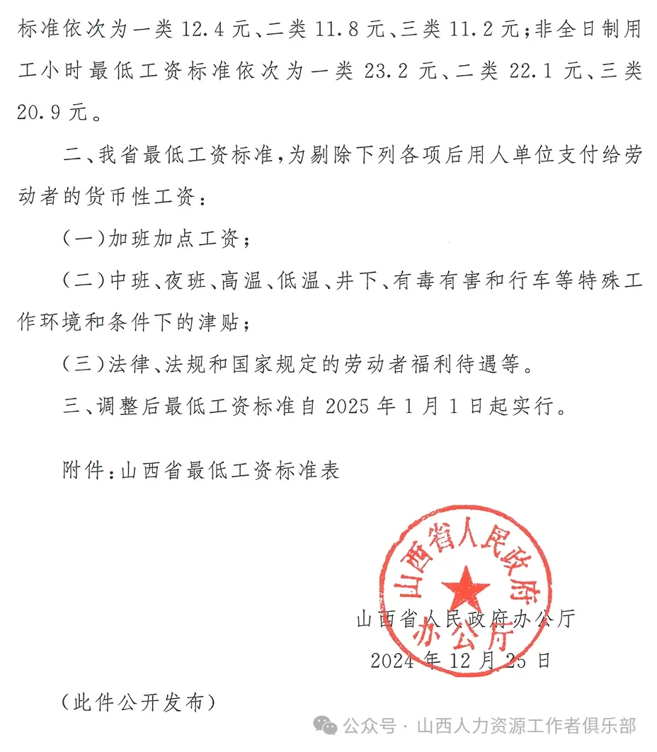 山西省调整最低工资标准