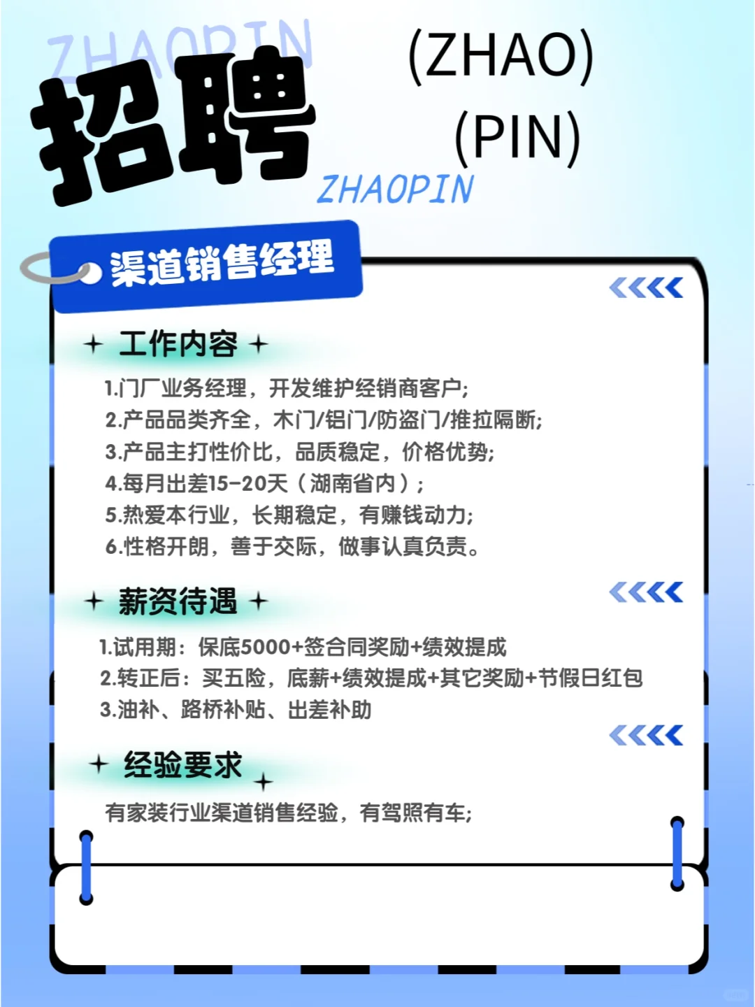 招聘门业渠道经理