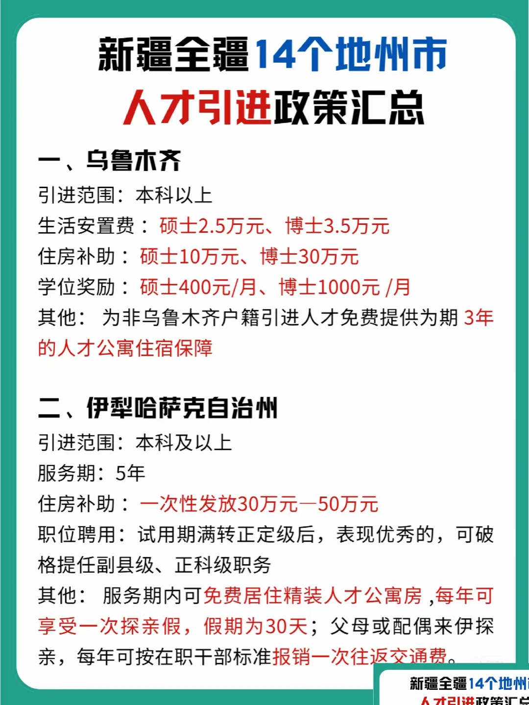 新疆人社最新人才引进火待遇政策汇总表