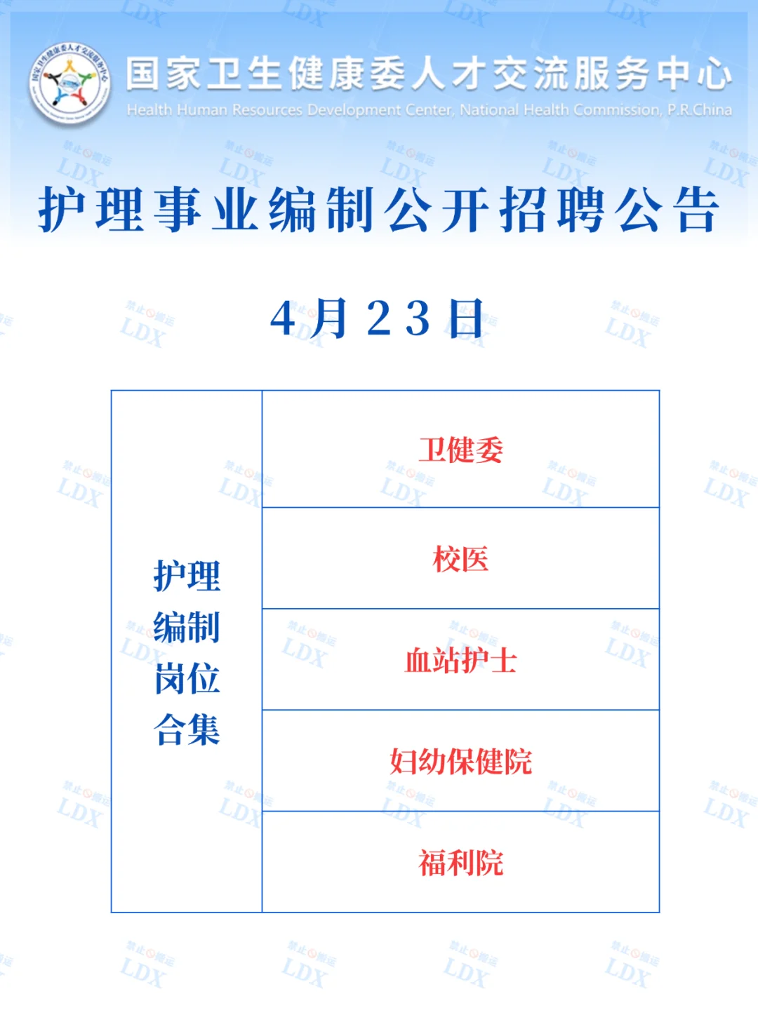 4月23日护理事业编招聘岗位(卫健委 血站 疾