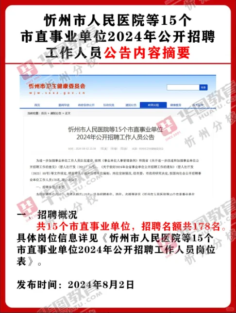 忻州24年第二次市直事业编招聘178人公告