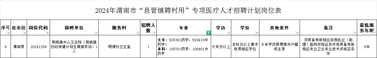 2024渭南县管镇聘村用医疗卫生职位表