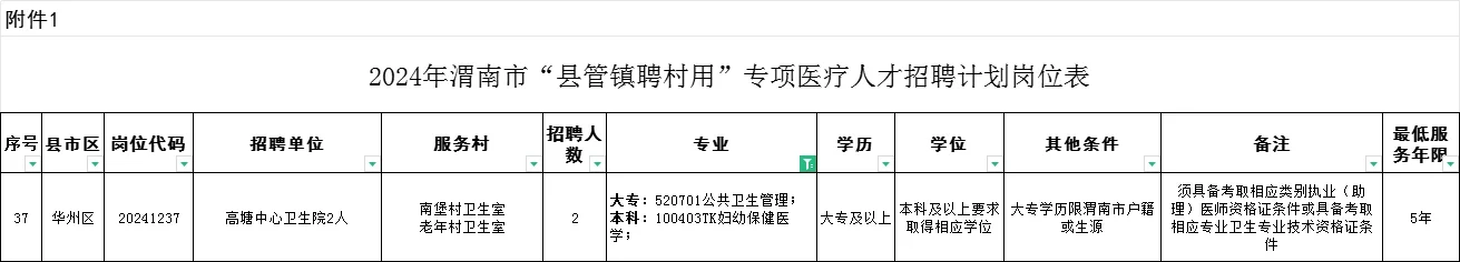 2024渭南县管镇聘村用医疗卫生职位表