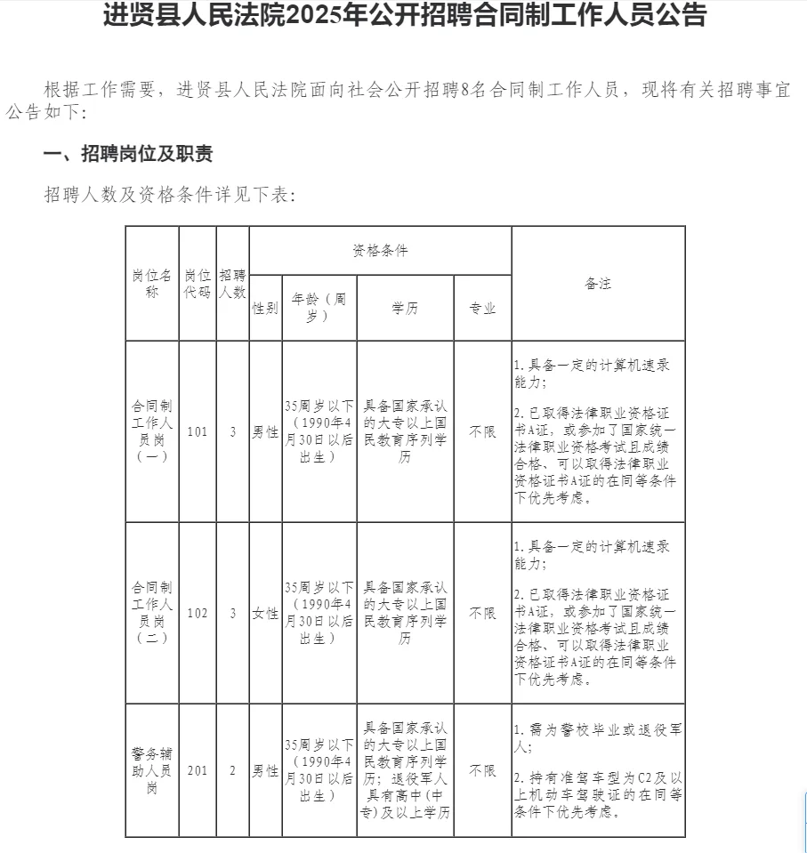 进贤县人民法院2025年公开招聘公告