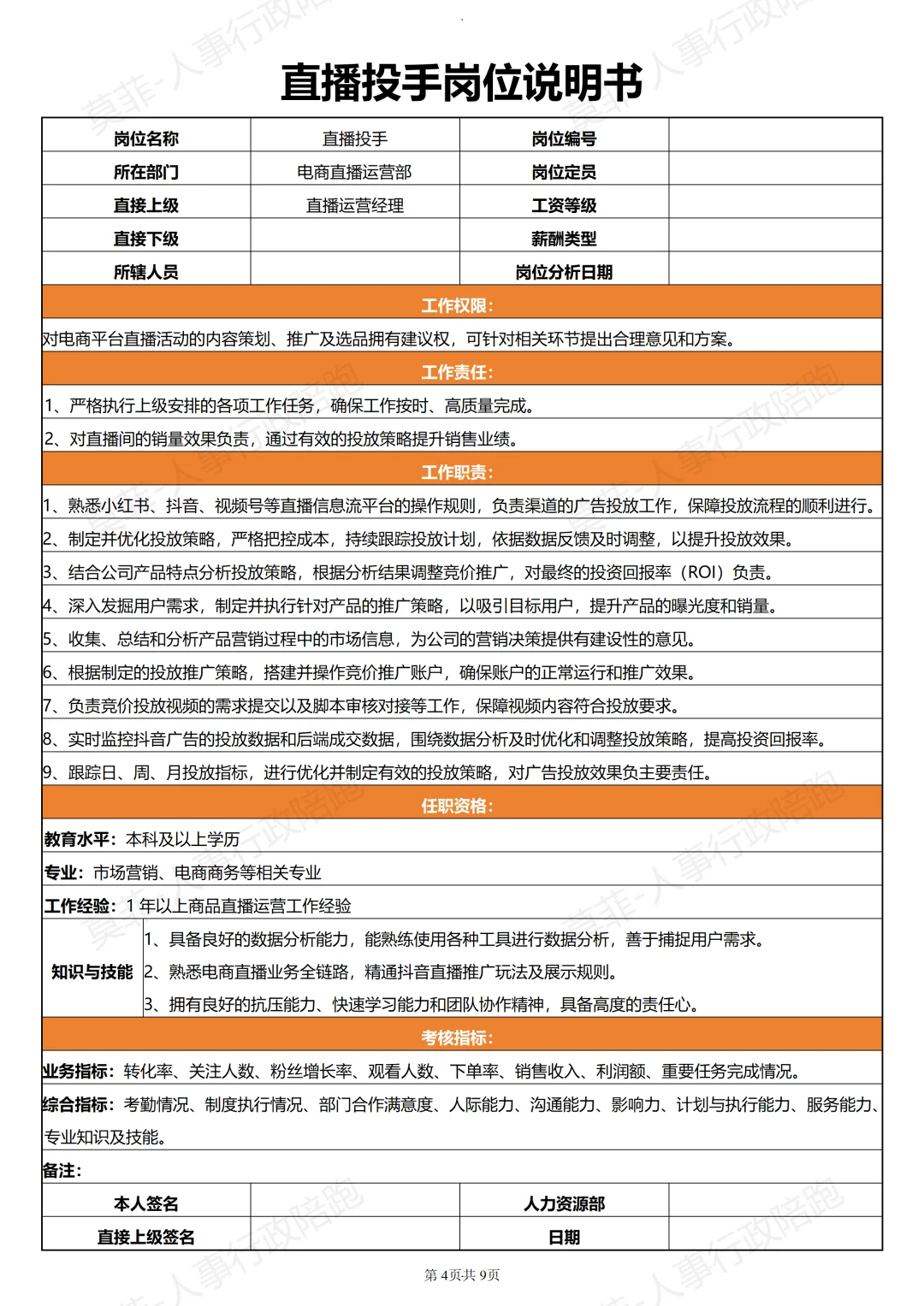 电商直播运营部各岗位说明书