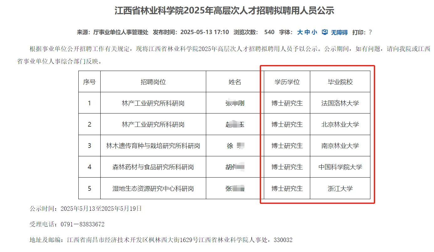 江西省林业科学院高层次人才拟聘名单公示