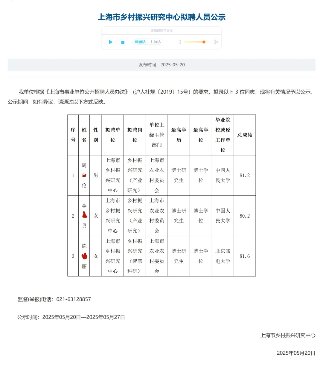 上海市乡村振兴研究中心拟聘人员公示