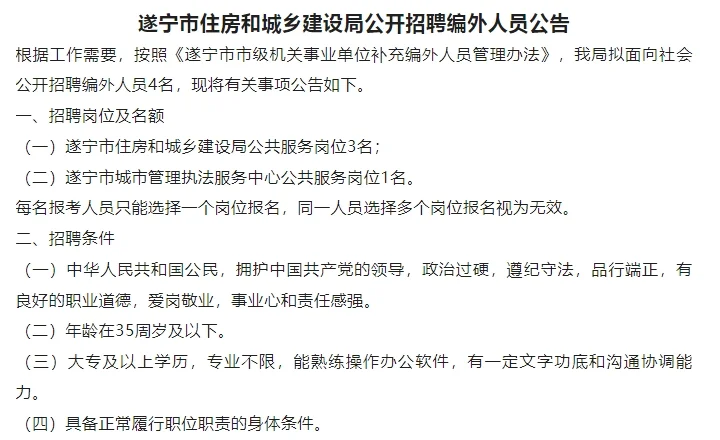 遂宁市住房和城乡建设局招聘编外人员公告