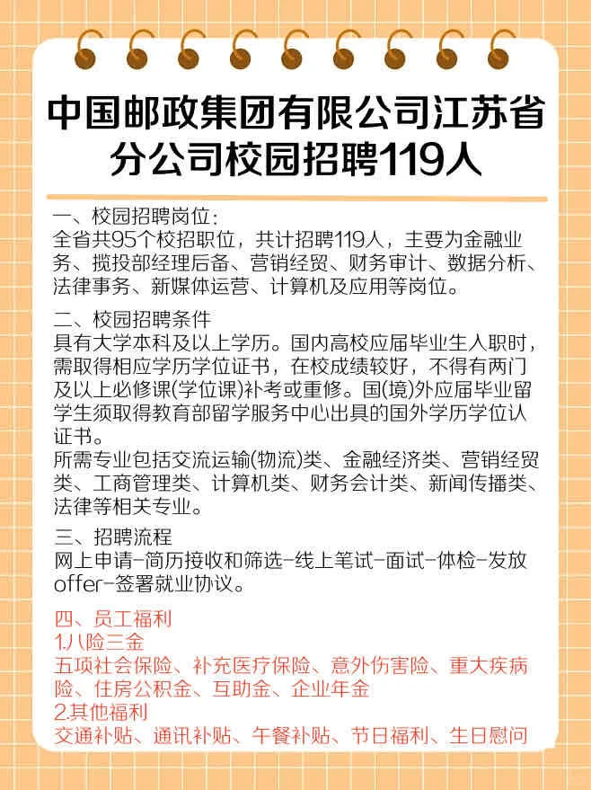 119个校招名额！江苏邮政向您发来邀请?