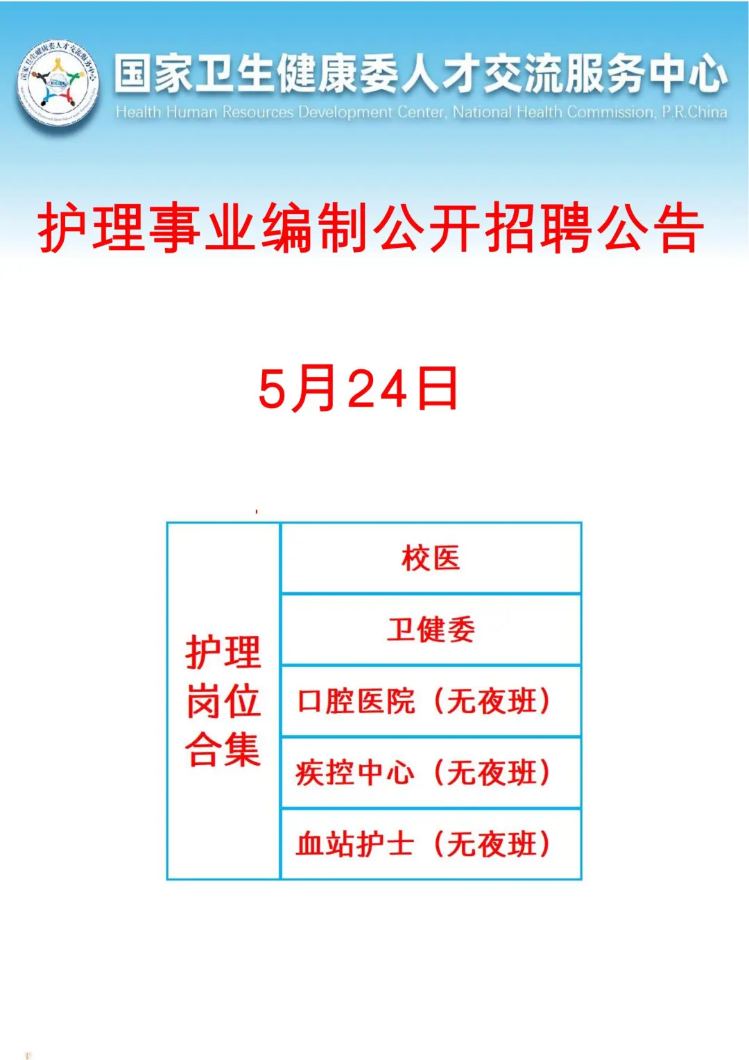5月24 日护理事业编招聘岗位（血站校医