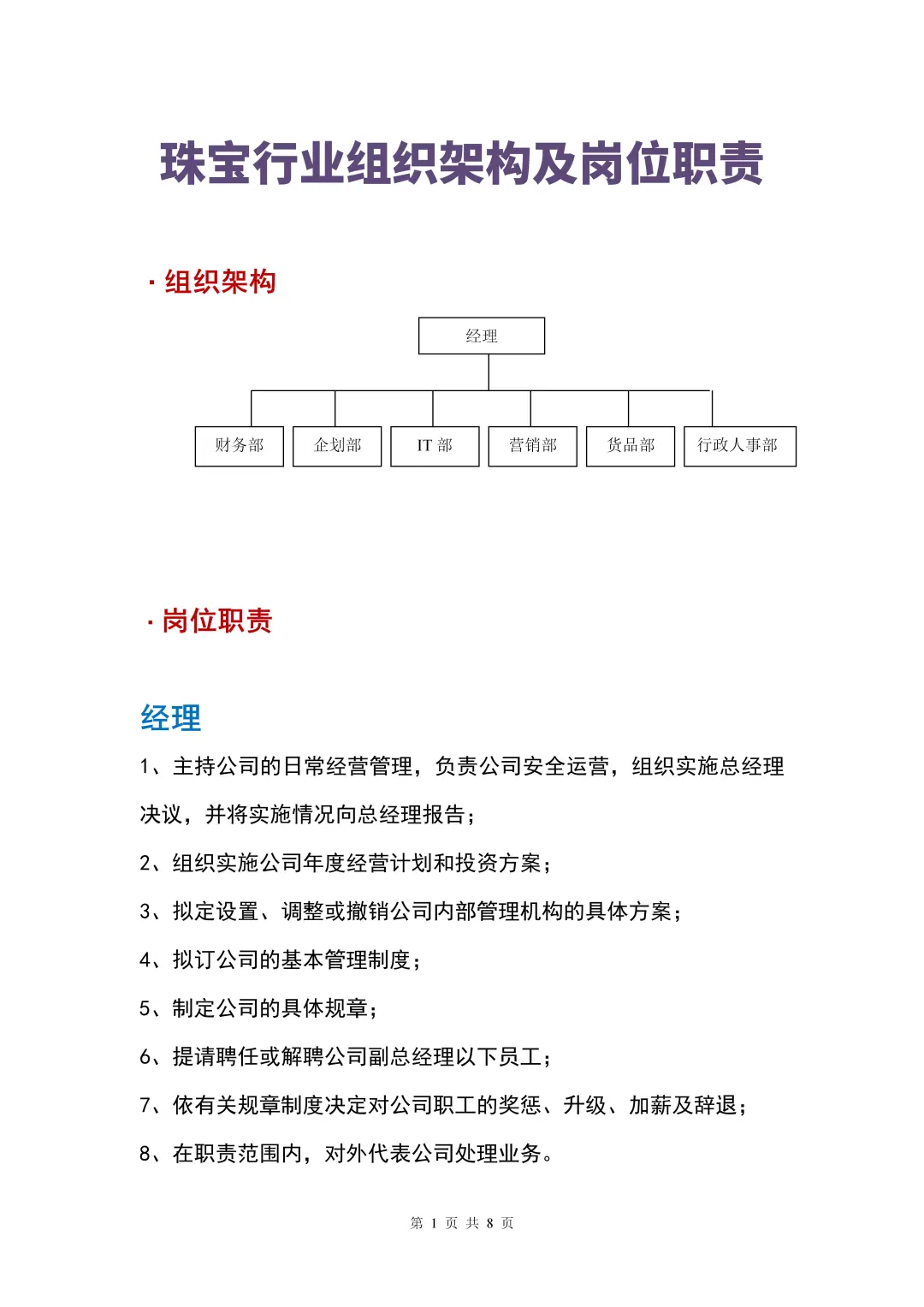 珠宝行业组织架构及岗位职责?
