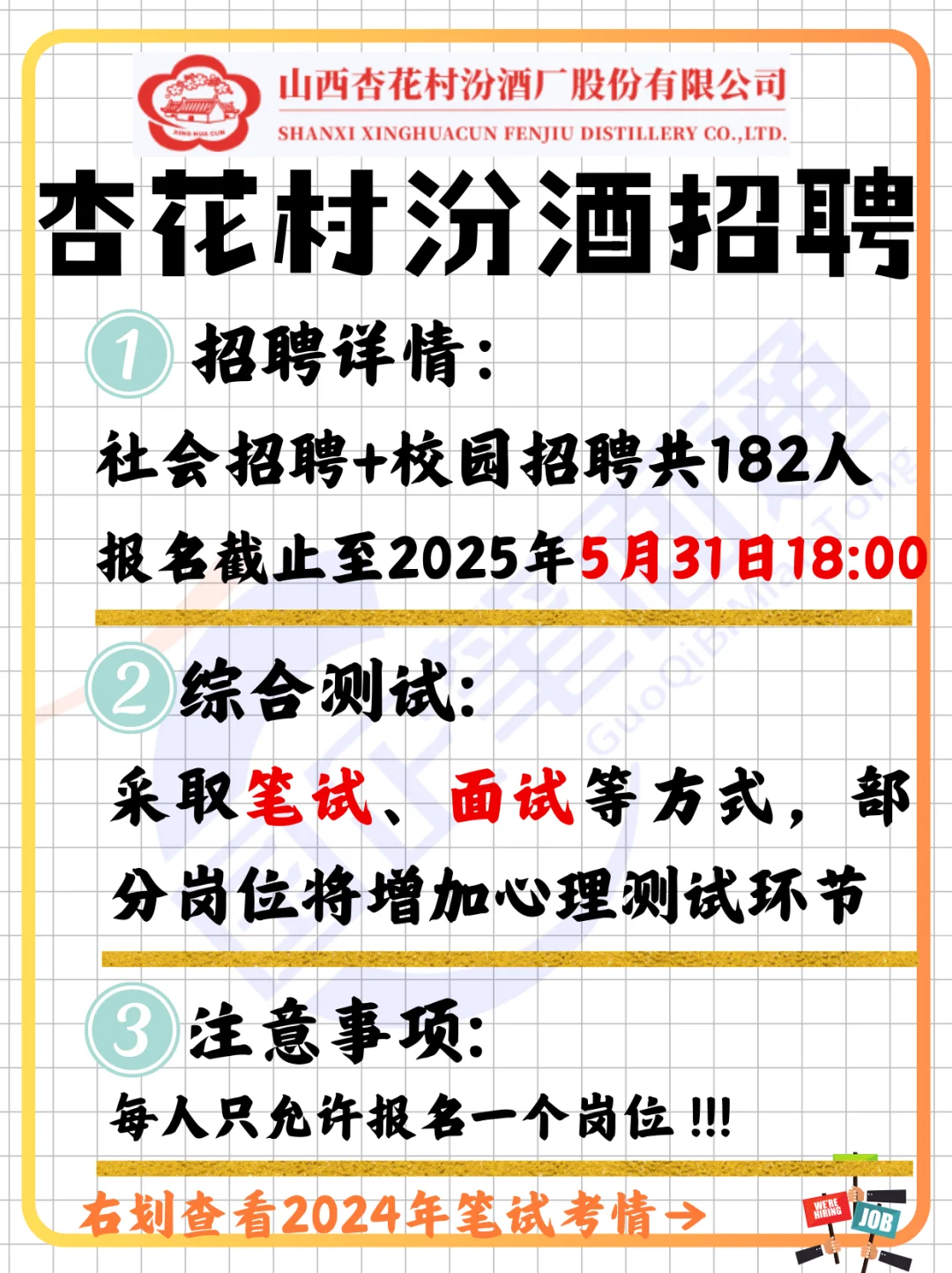 山西杏花村汾酒招聘!(附2024年笔试考情)