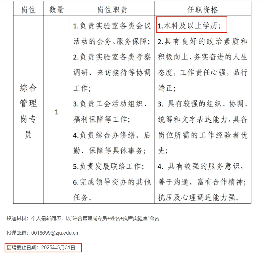 本科!浙江大学良渚实验室招综合管理岗1人