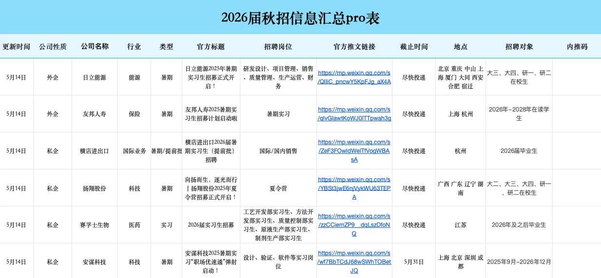 2026秋招信息汇总表?