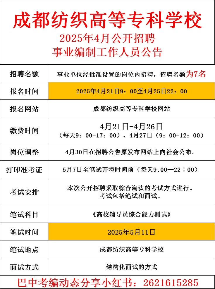 25年成都紡專(zhuān)事業(yè)單位招聘！有編??