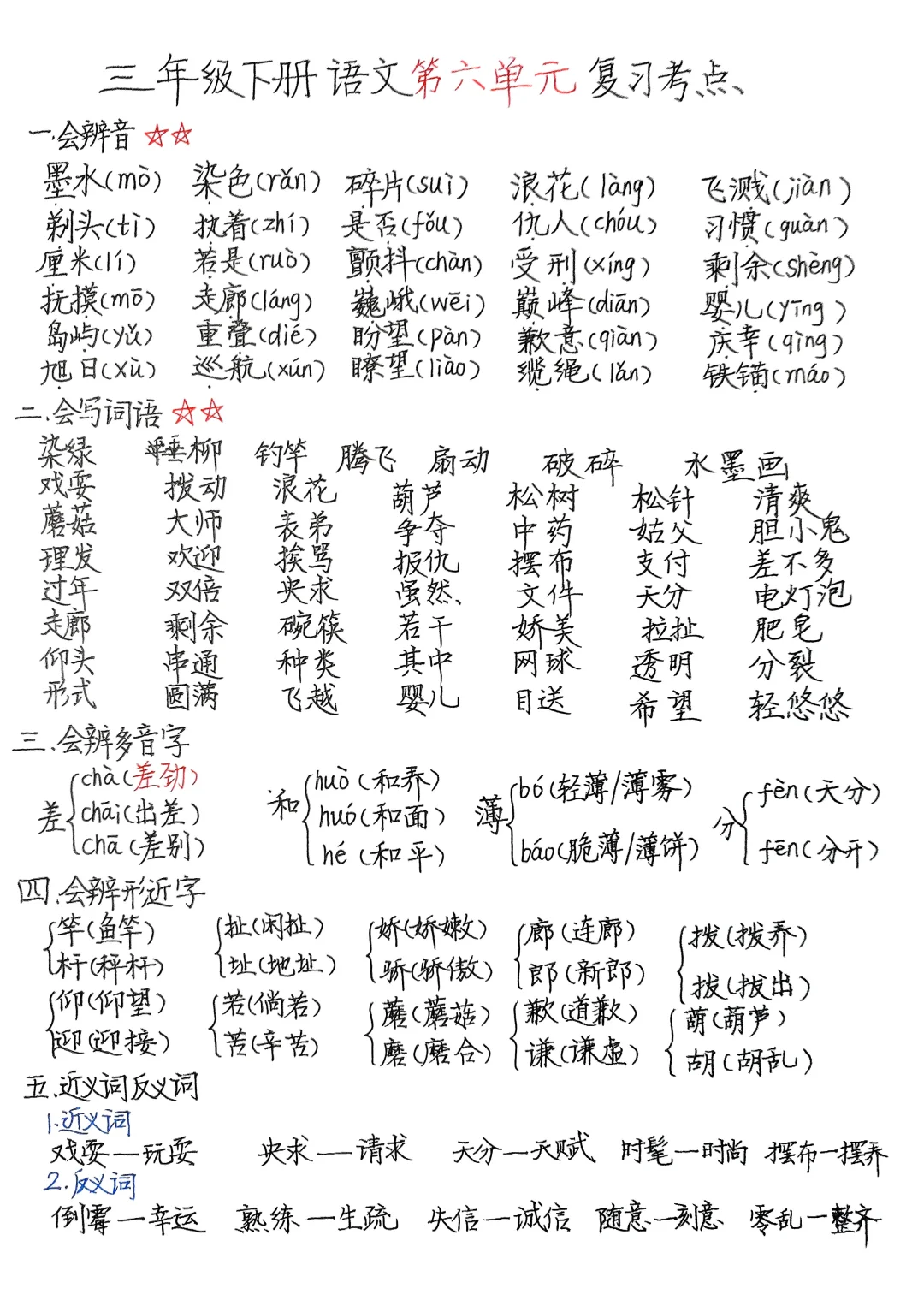 三下語文第六單元考點(diǎn)復(fù)習(xí)