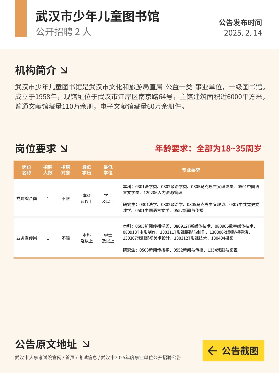 武汉市少年儿童图书馆公开招聘2人