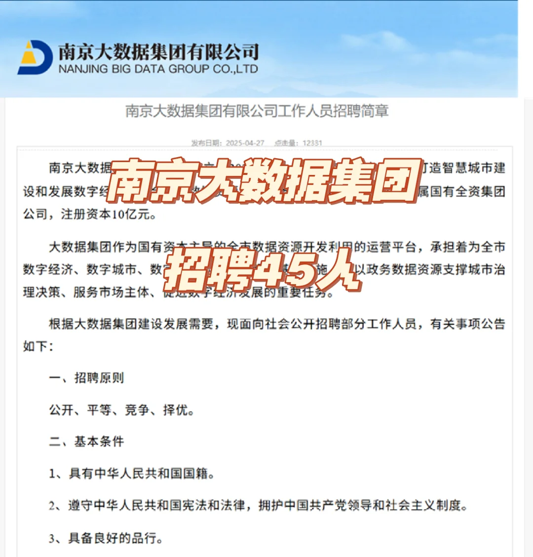国企|南京大数据集团招聘