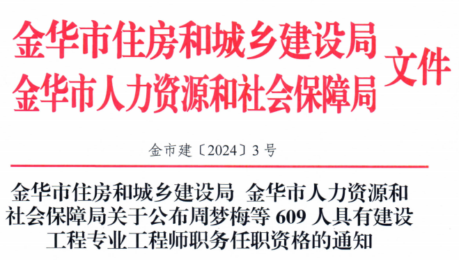 2023年度金华市住房和城乡建设局、人力资源和社会保障局关于公布周梦梅等609人具有建设工程专业工程师职务任职资格的通知