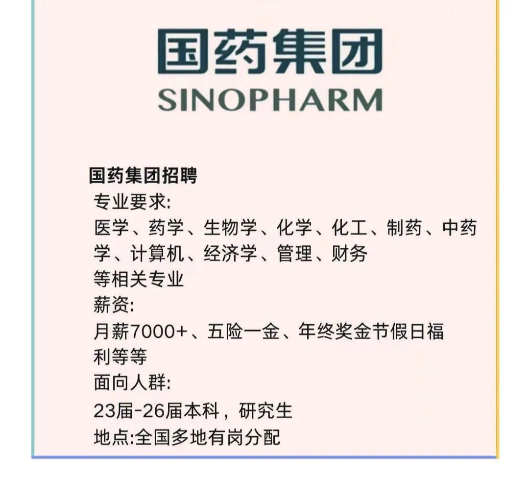 国药急招！！！国药急招！！应届生有福了宝子们，